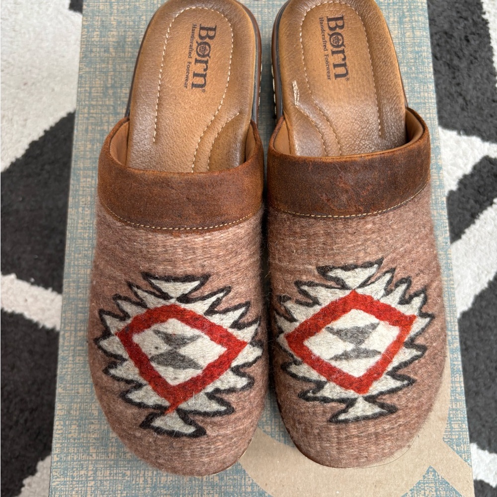 Born Brown and Red Clogs with Geometric Design - southwest meets bohemian style!